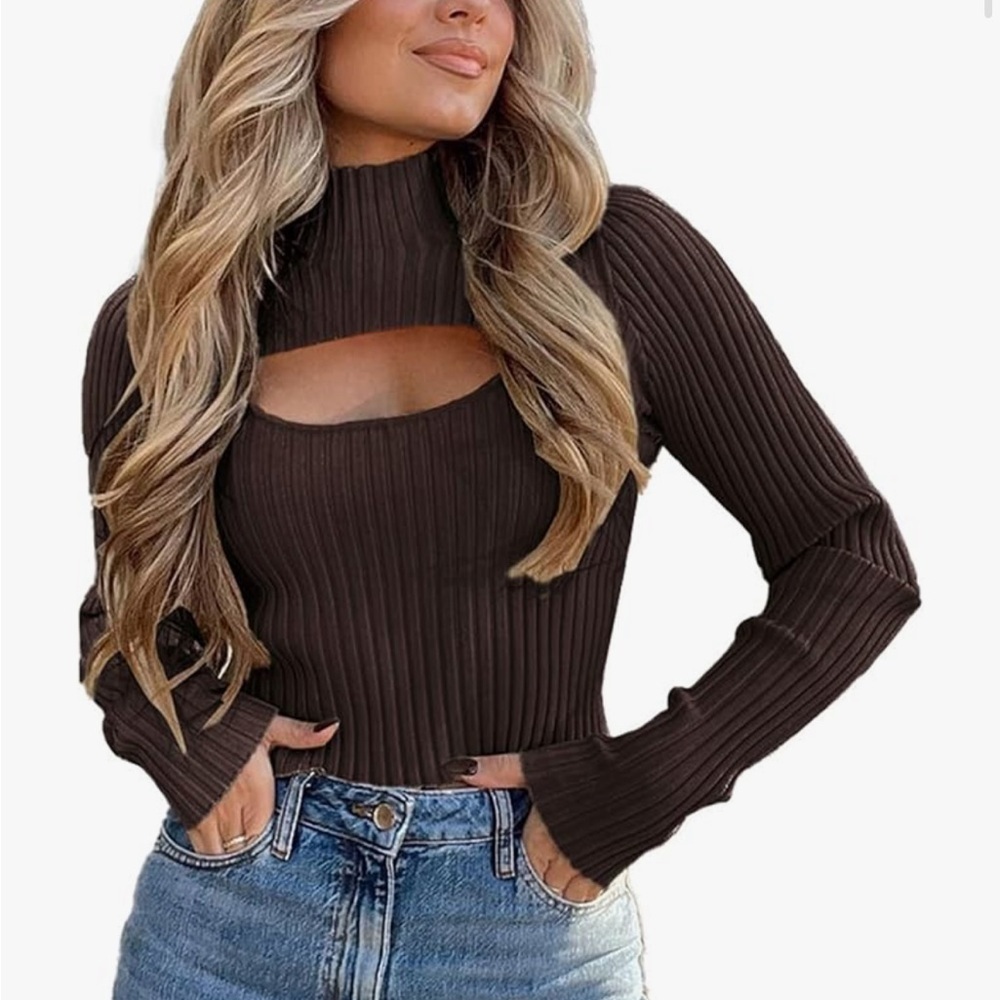 NWT new large pretty garden 2 pieces cut out sweater tank cap ribbed dark brown